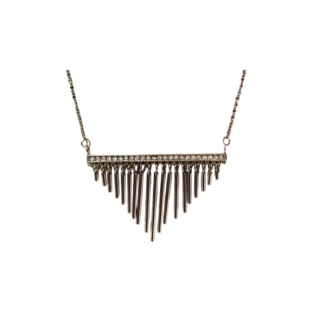 QVC Stainless Steel Fringe Dangle Necklace Crystal Accent Bar Womens